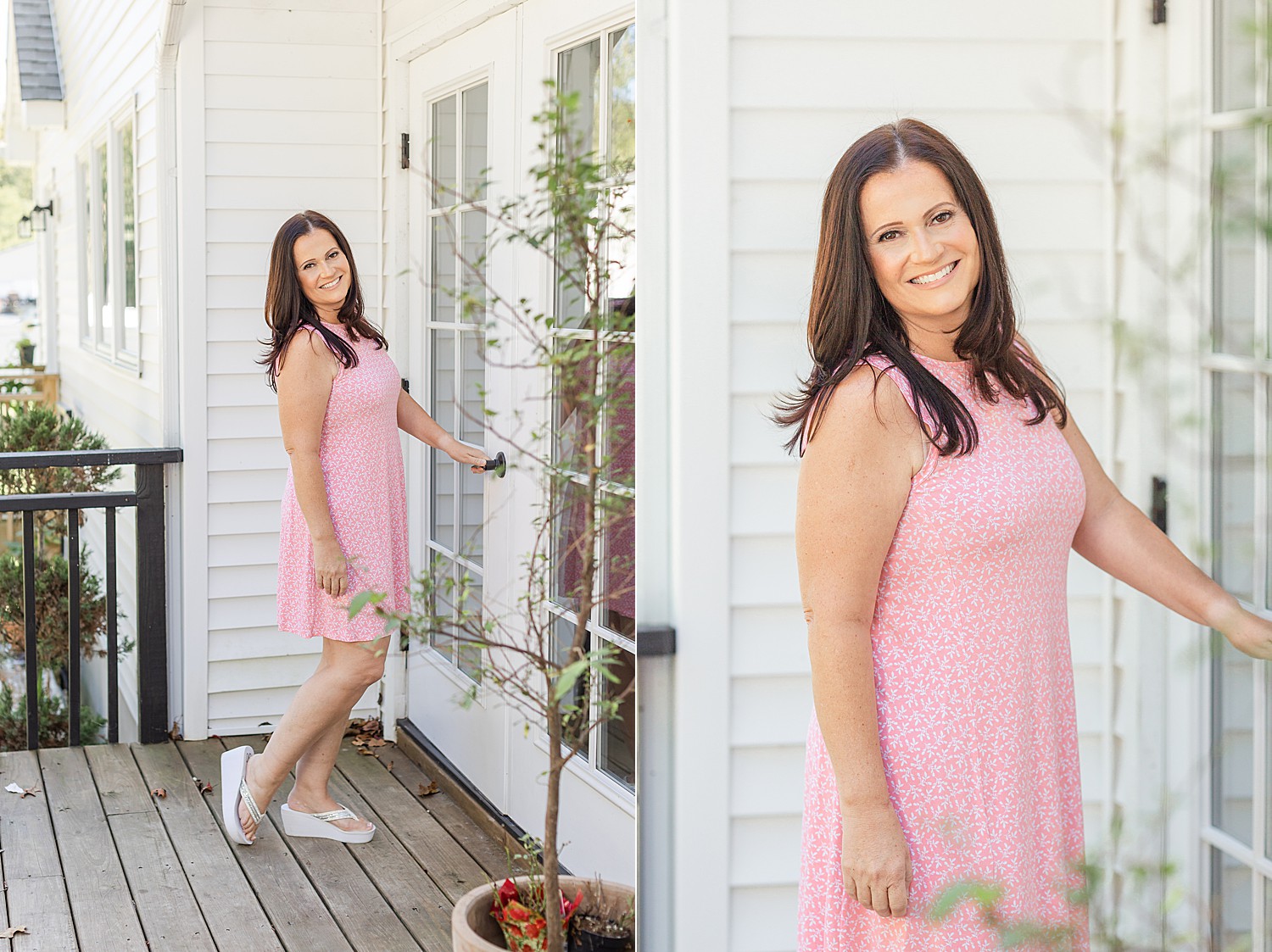 real estate agent in pink dress walking in to home