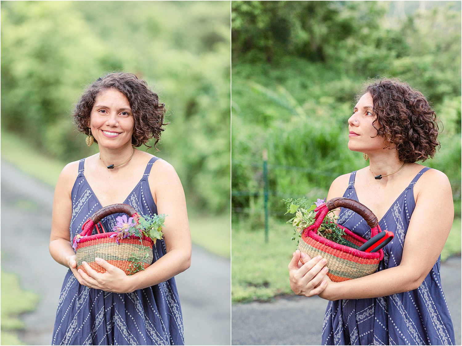 woman holding basket of herbs from garden for use in her wellness business