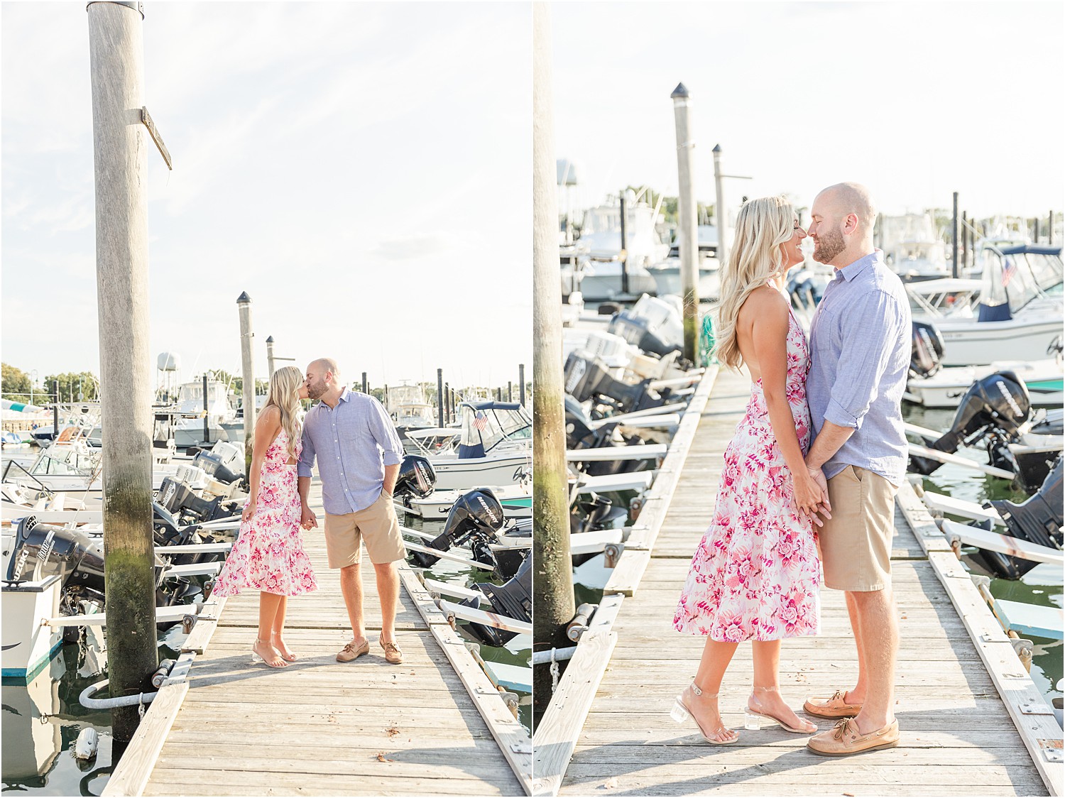 Couple kiss on the docks of Belmar Marina in NJ