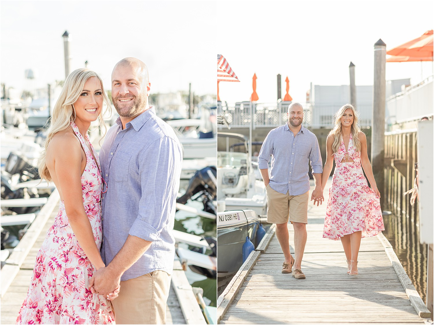 couple walk down boat dock holding hands during engagement photos in NJ