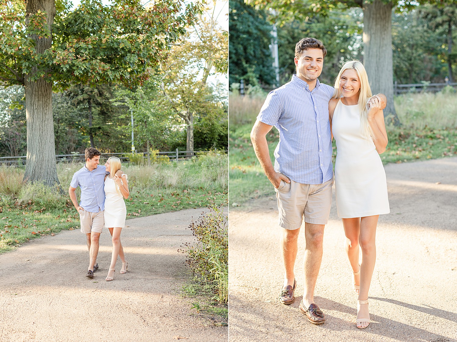 engaged couple walk together down path