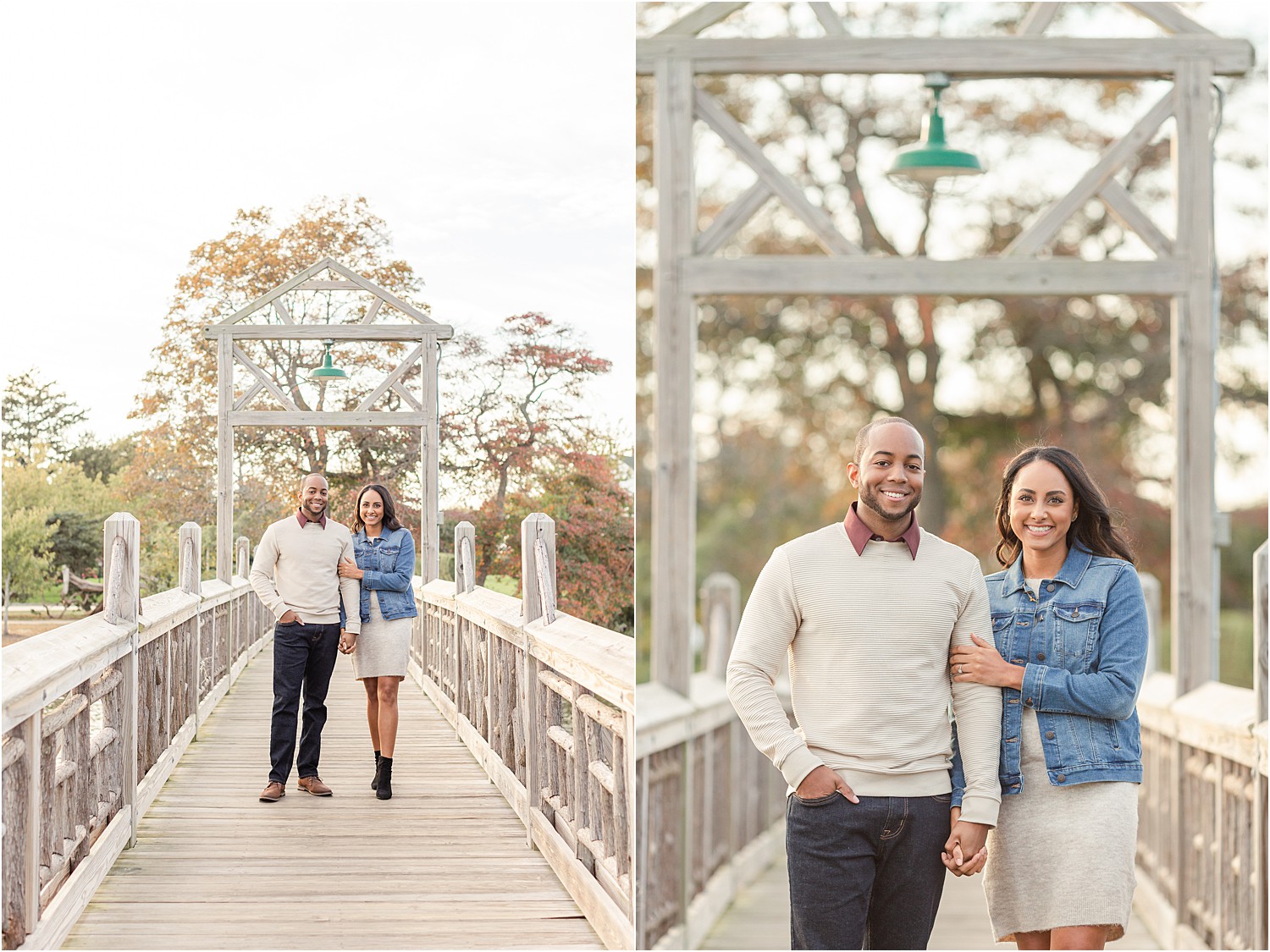 woman in jean jacket and man in cream sweater pose for engagement photos