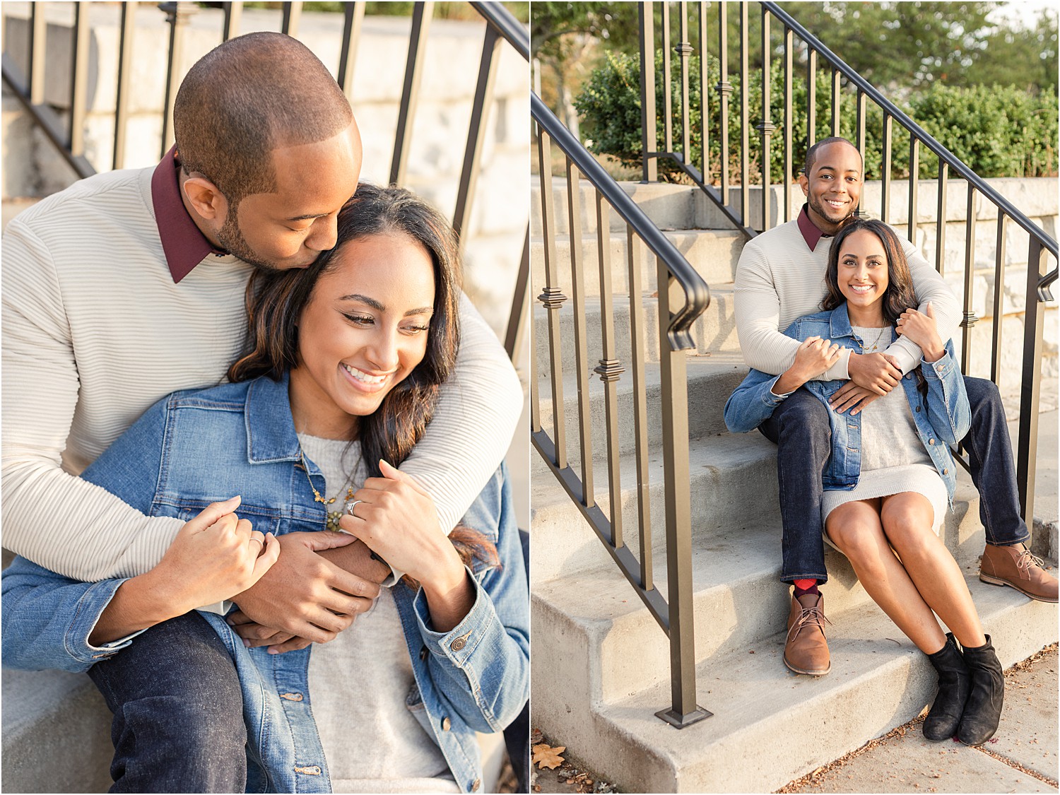 engaged couple sitting on stairs in Spring Lake NJ