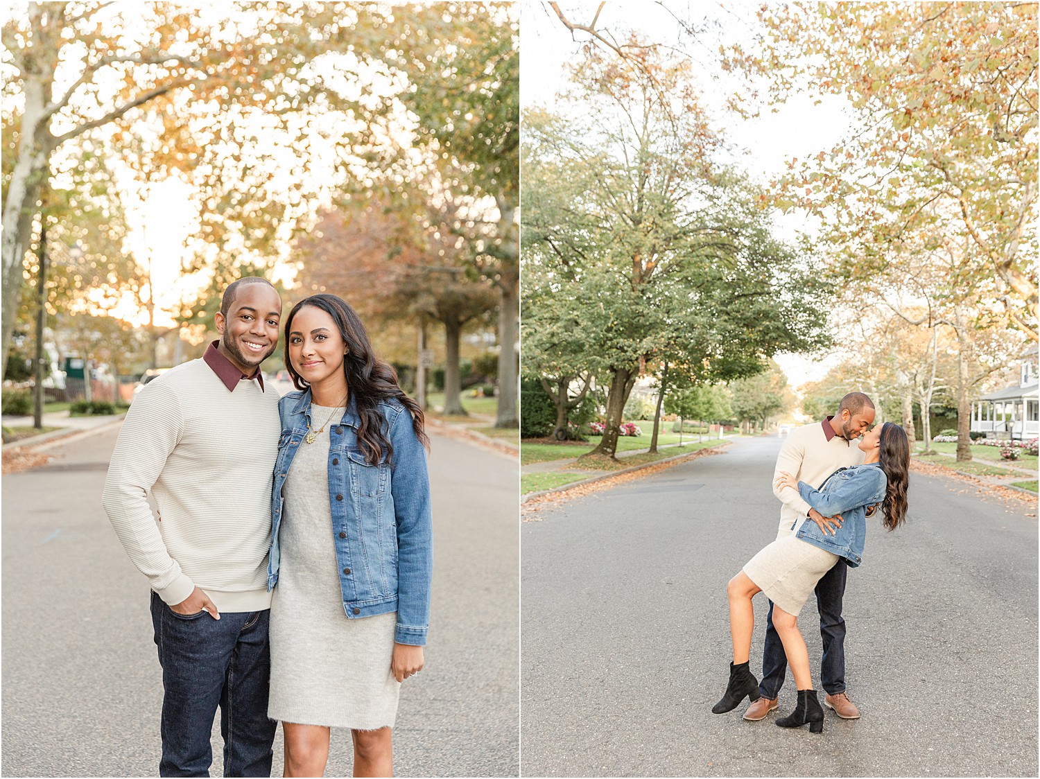 engagement photos of couple in street of NJ