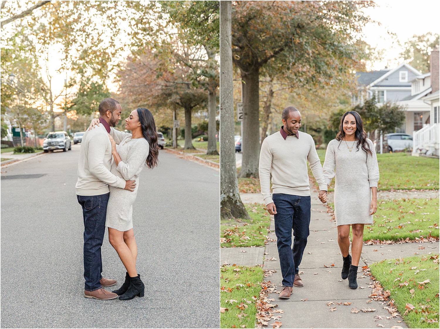 couple in NJ neighborhood for fall engagement photos