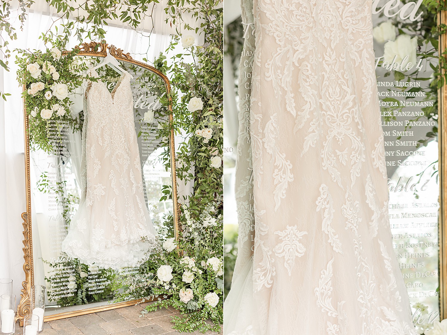 bride's wedding dress hanging around flowered covered arch