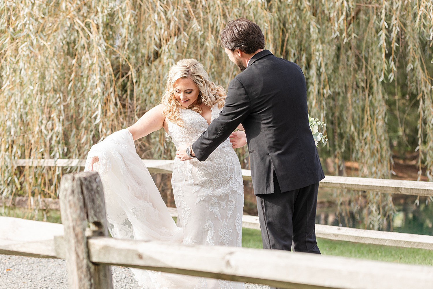 bride and portraits with weeping willow in the background