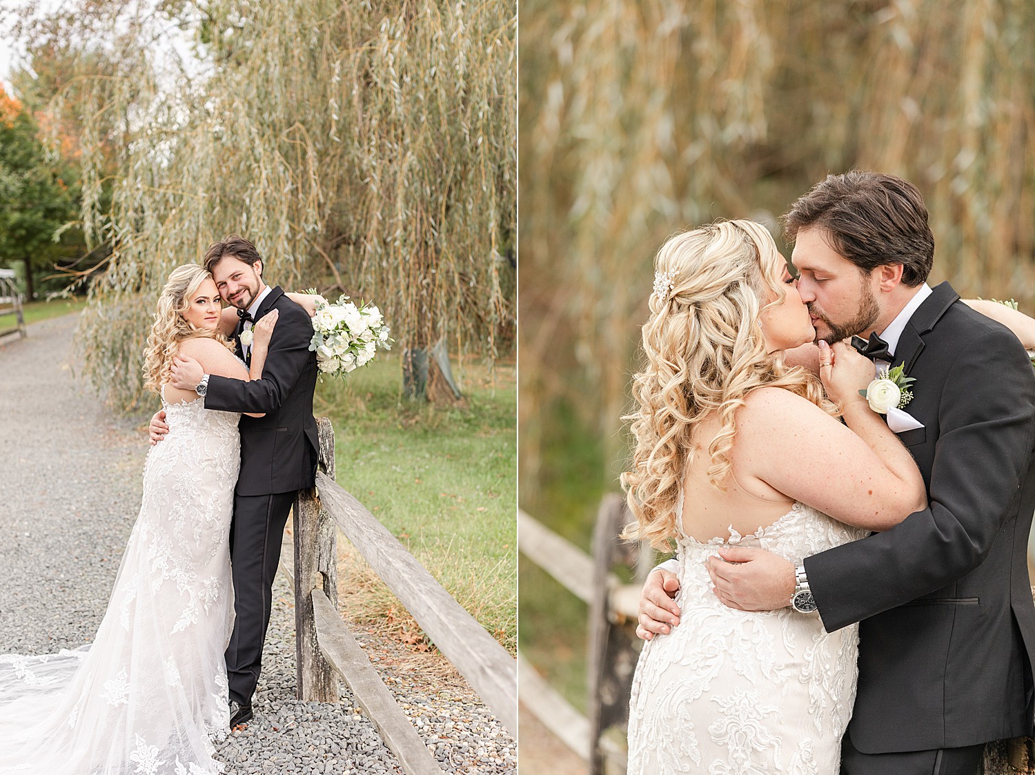 bride and groom kiss by weeping willow tree
