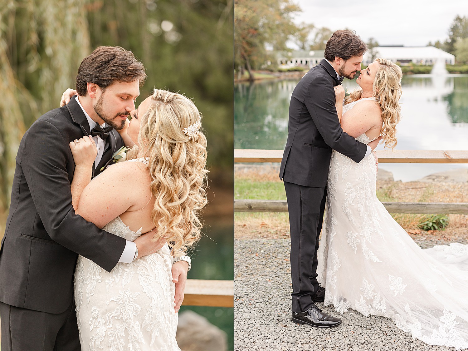 couple kiss near lake before NJ wedding