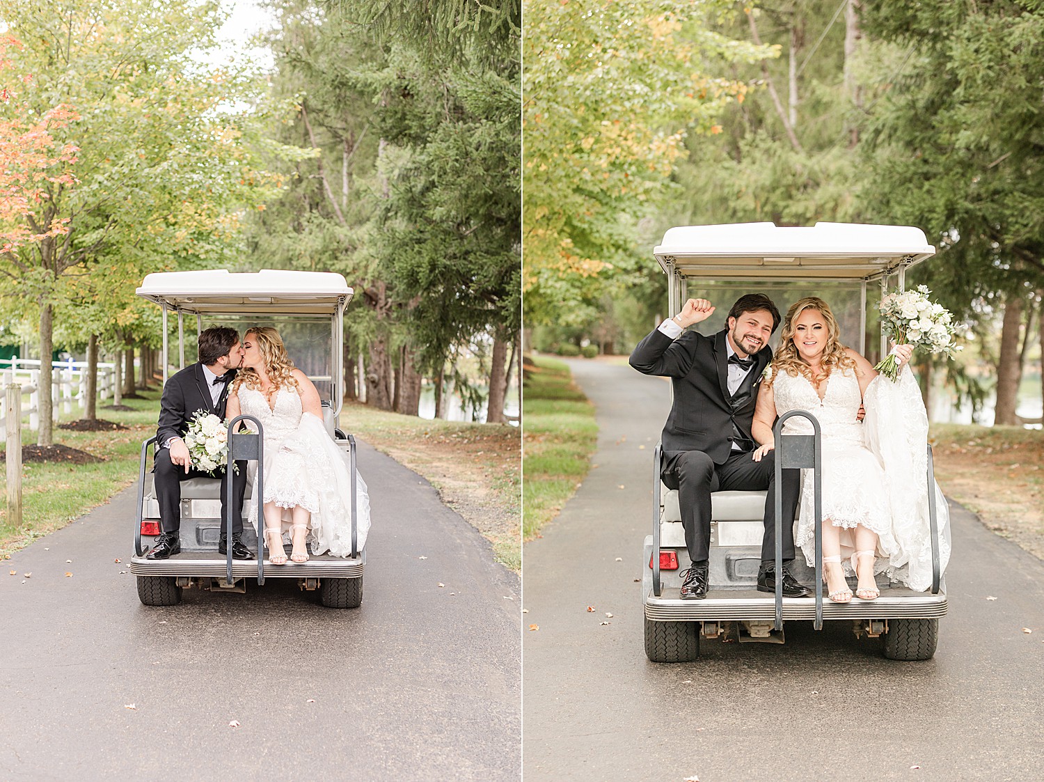 bride and groom ride on golf cart back to the wedding venue building