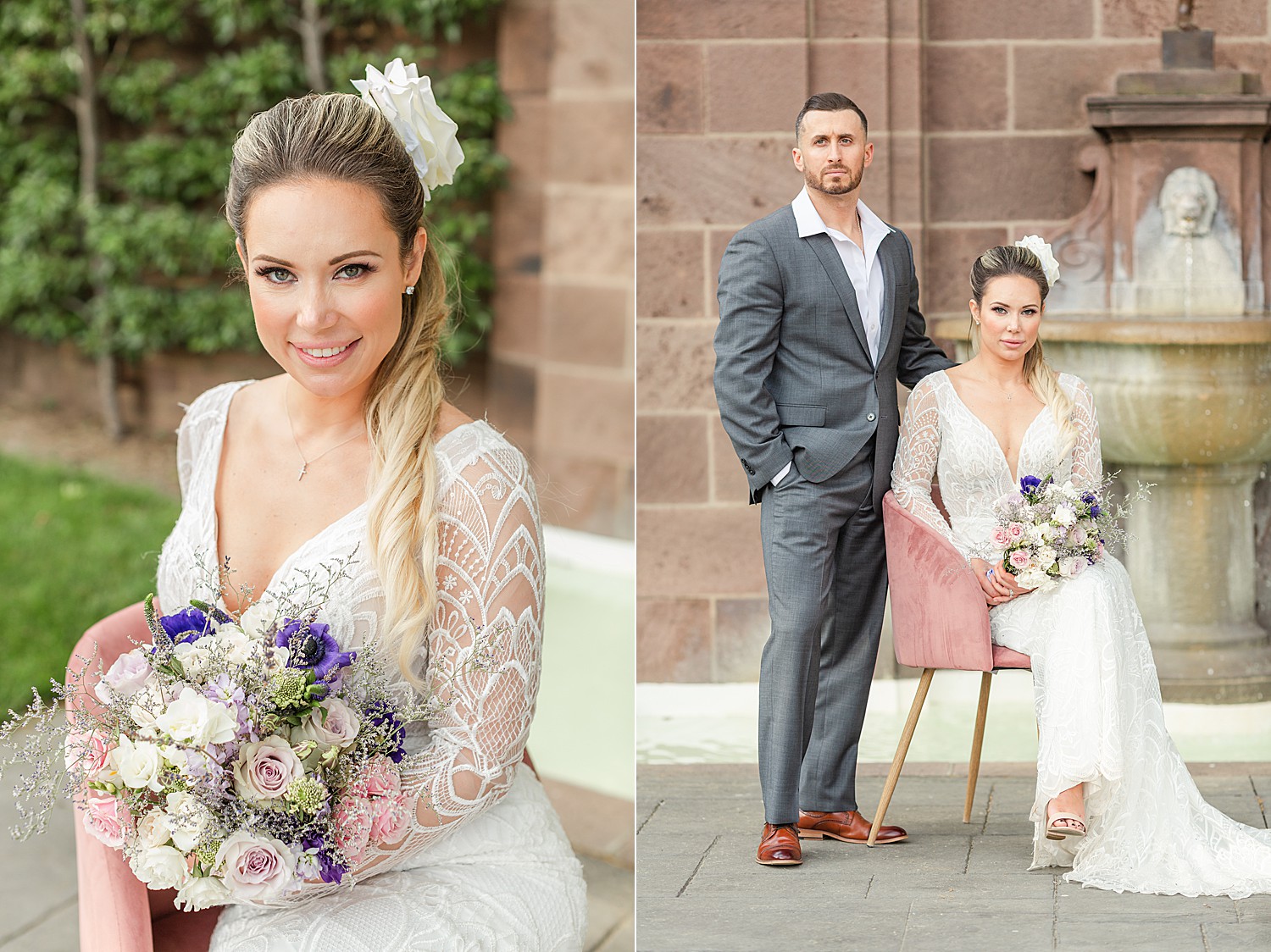wedding portraits of couple at charming mansion and garden estate