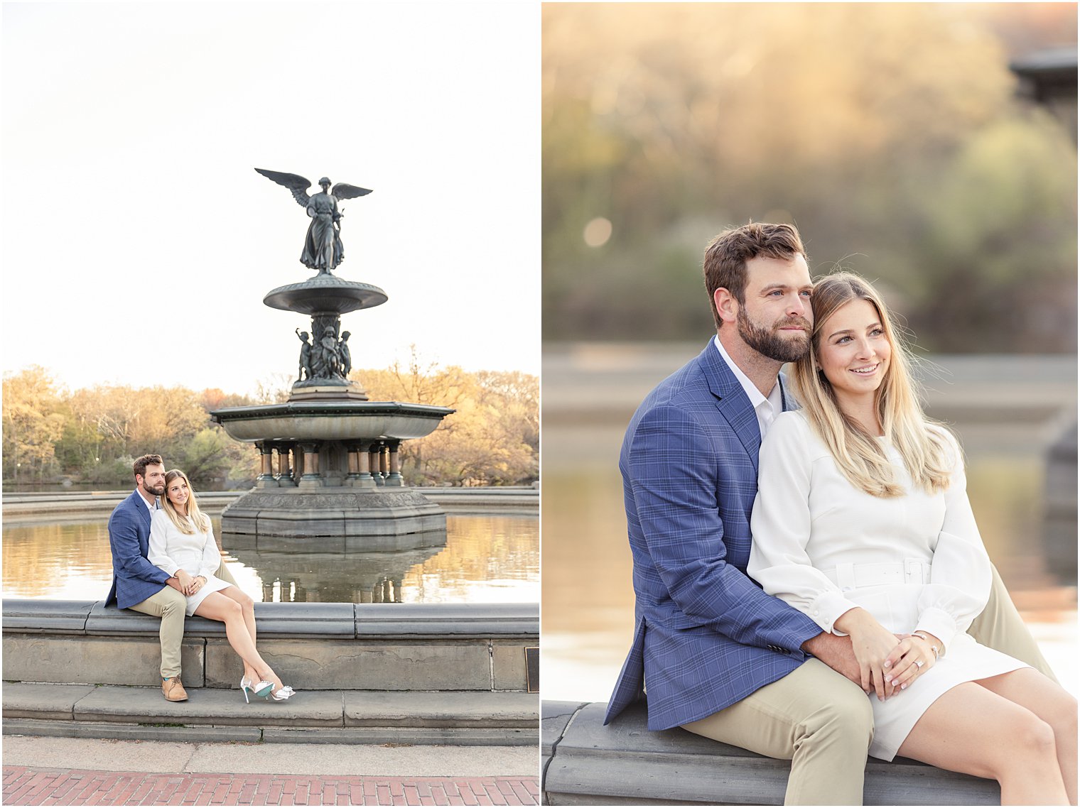couple sit in the edge of a fountain in Central Park NYC