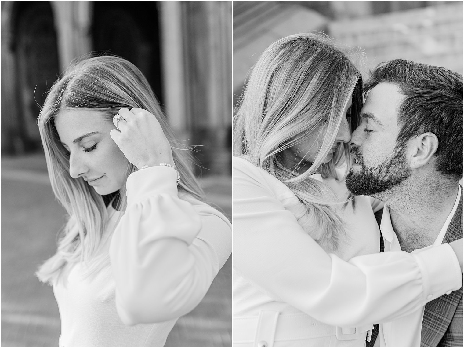 couple lean in together during engagement photos 