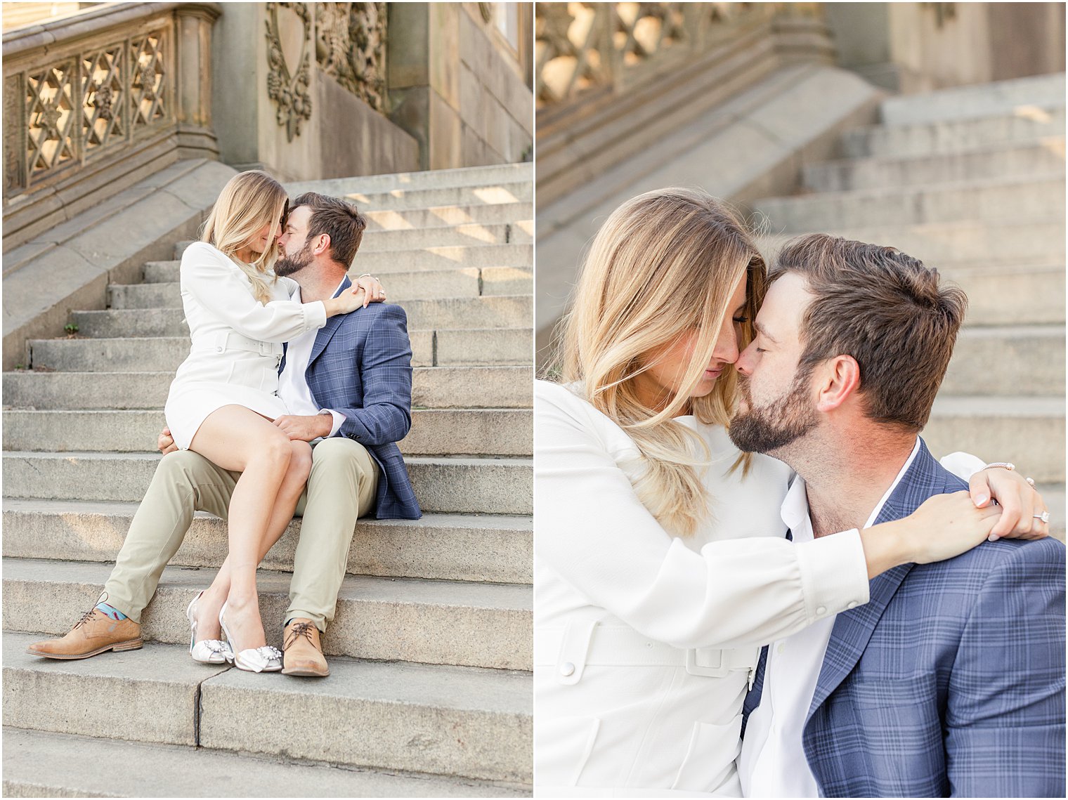 couple sit on old stone stairs in central park during engagement photos  