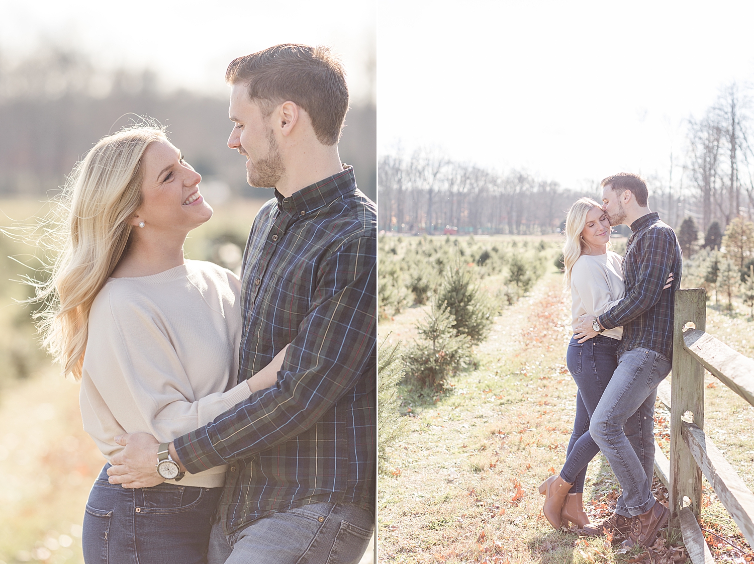 winter engagement session at Christmas tree farm