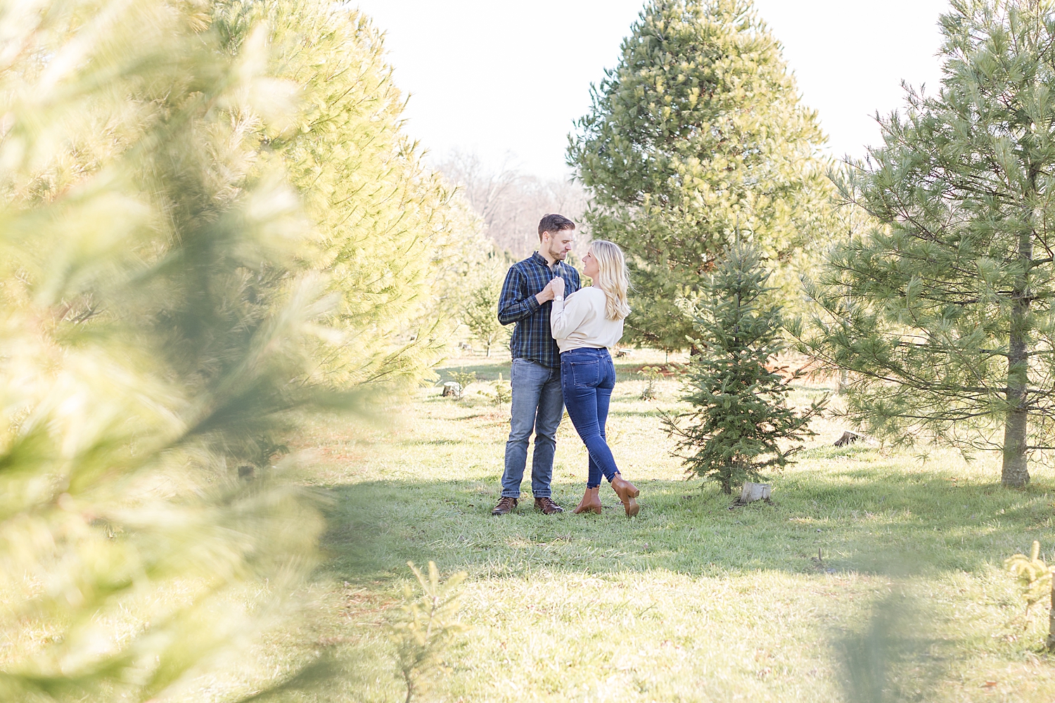 couple kiss at tree farm