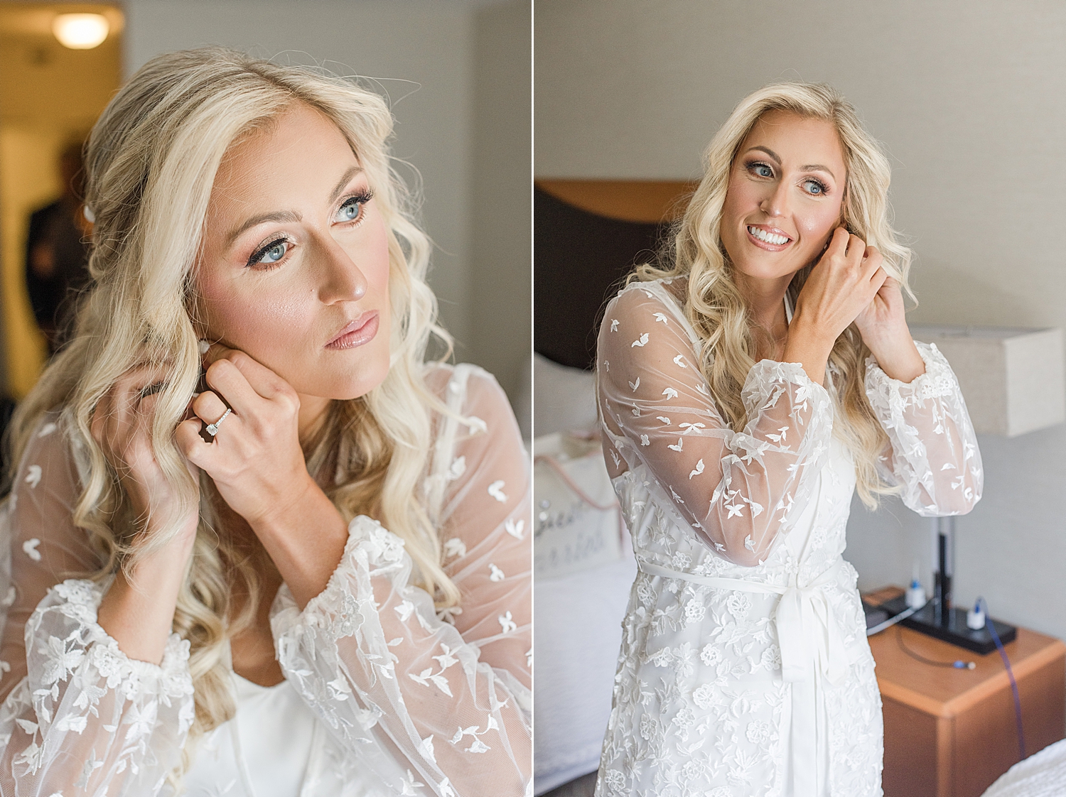 bride putting earrings in 