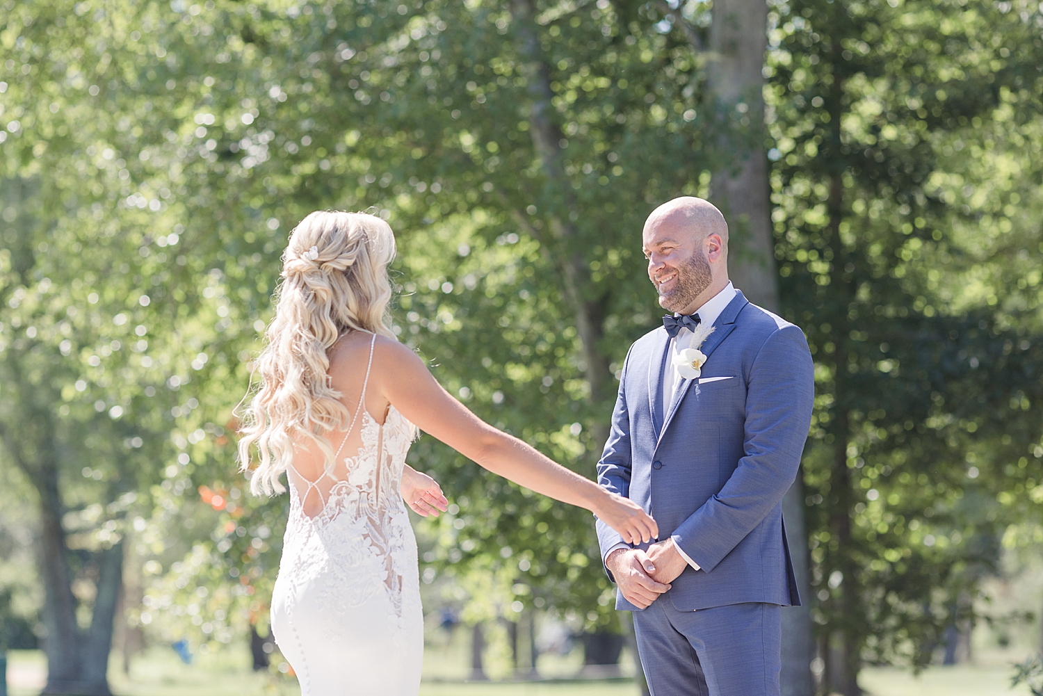 first look before Boho Inspired Summer Wedding at Eastlyn Golf Course