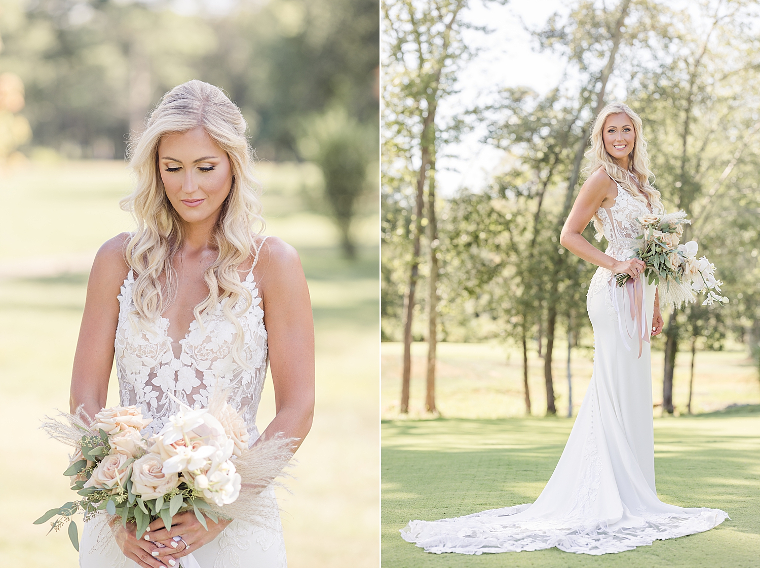 elegant bride in Boho inspired dress with muted bridal bouquet