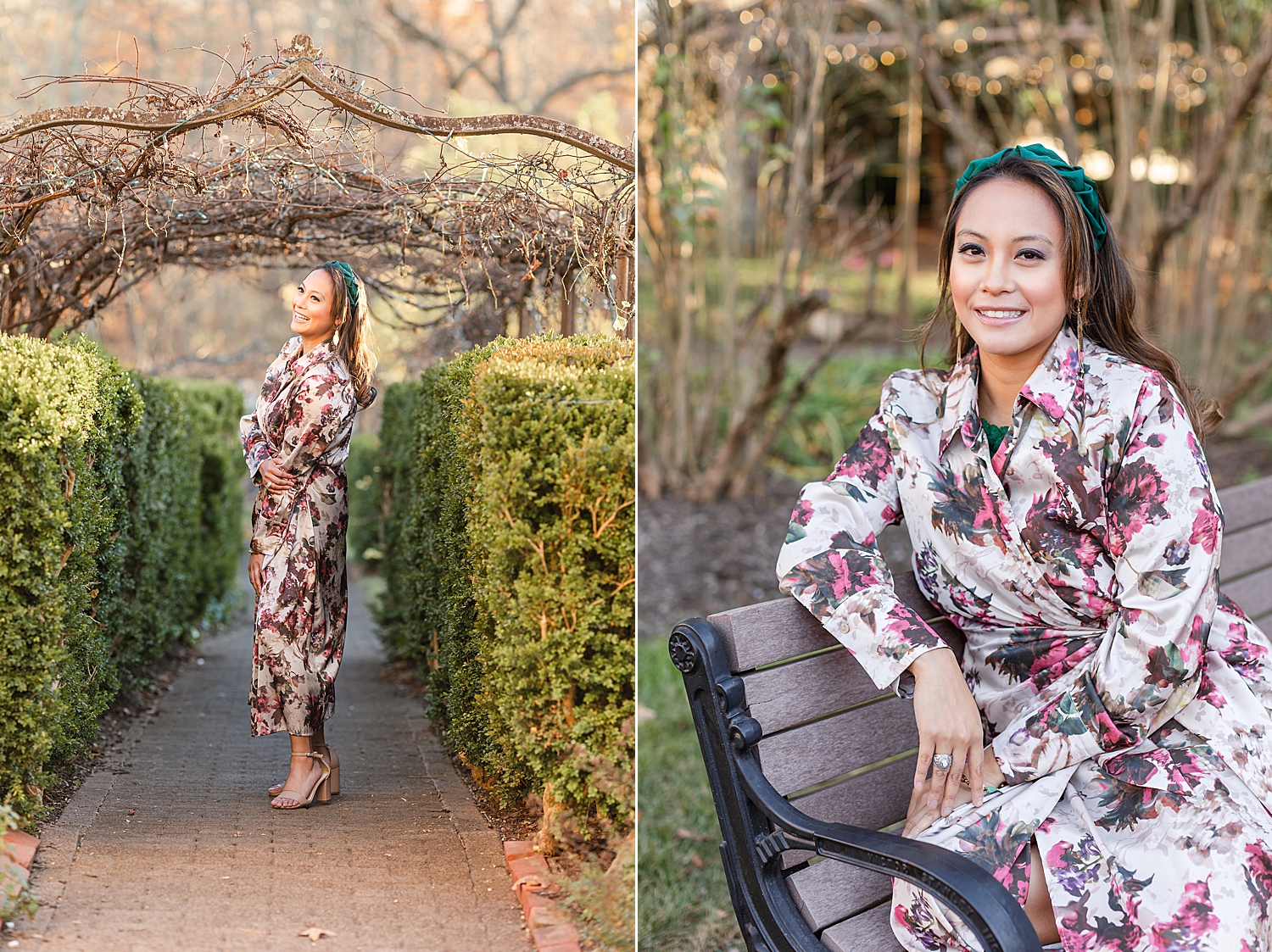 woman in floral satin dress in the gardens at Smithville Mansion