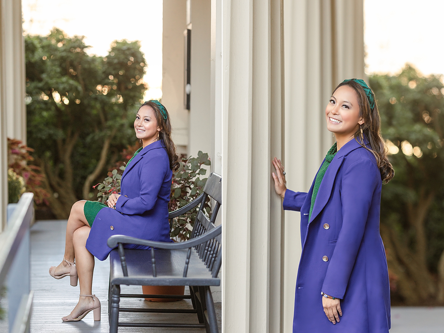 woman stands by white pillar in purple jacket