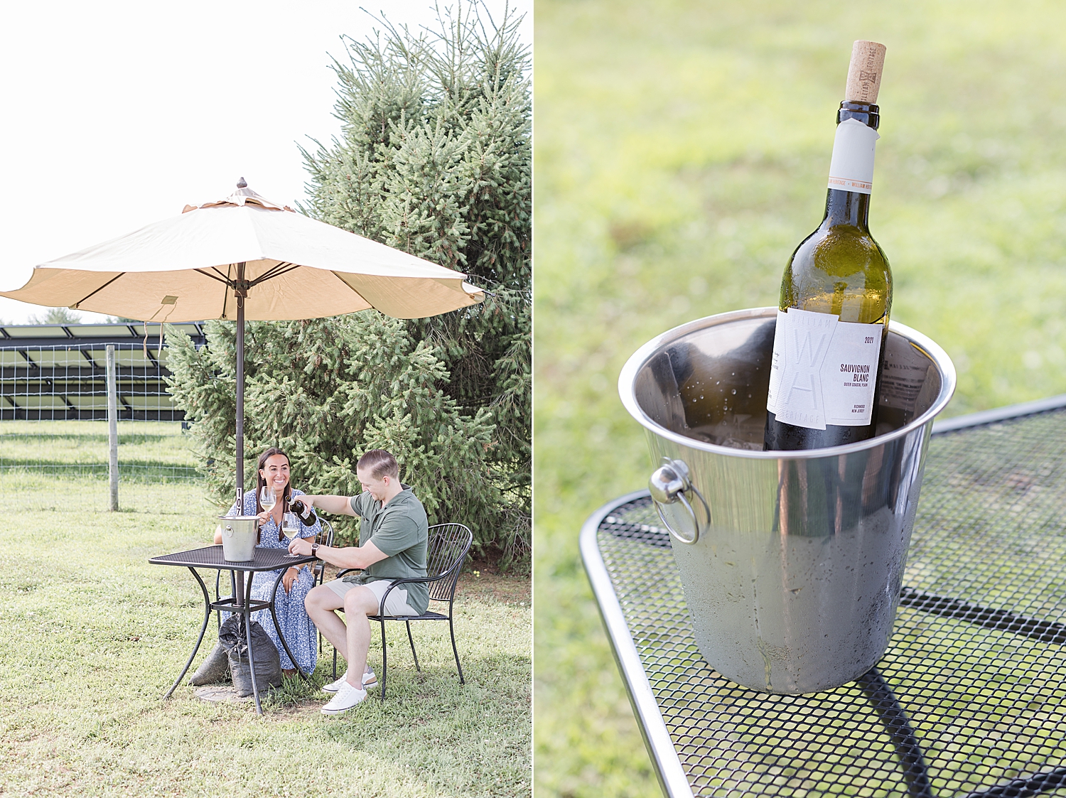 engaged couple enjoying glass of wine