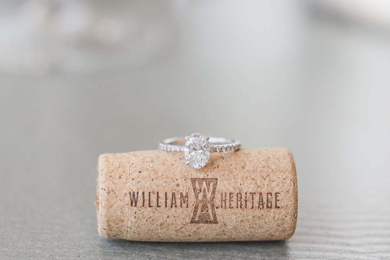 engagement ring on wine cork from William Heritage Winery in Mullica Hill, NJ