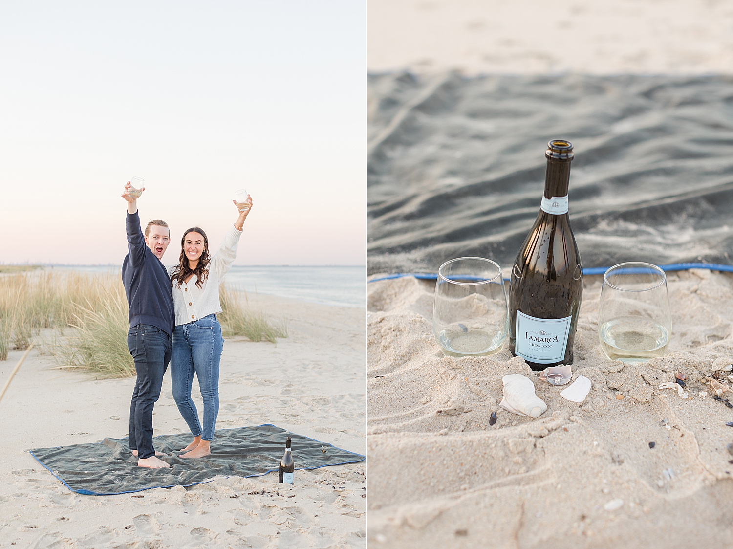 couple celebrate engagement with champagne 