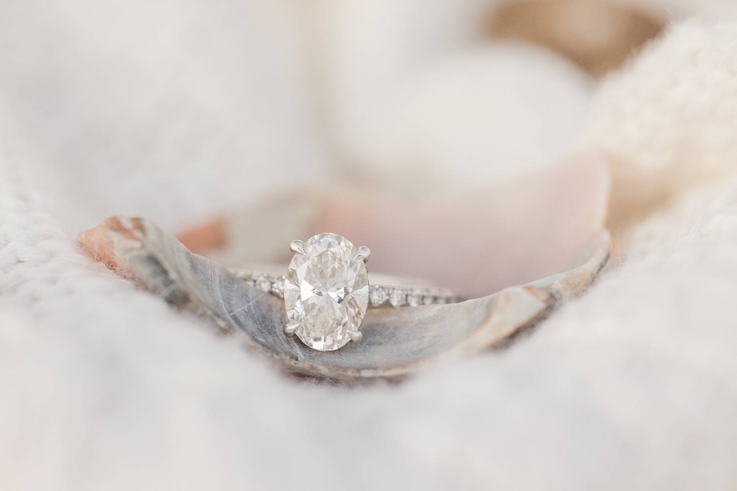 engagement ring on seashell