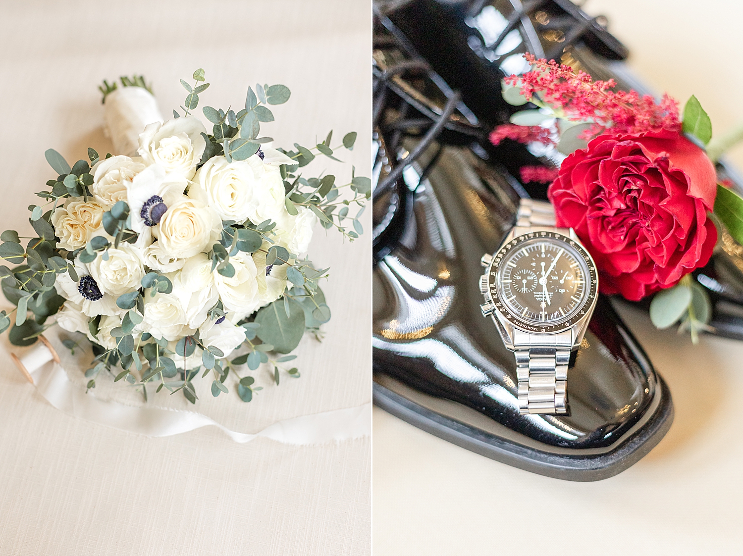 bridal bouquet and groom details