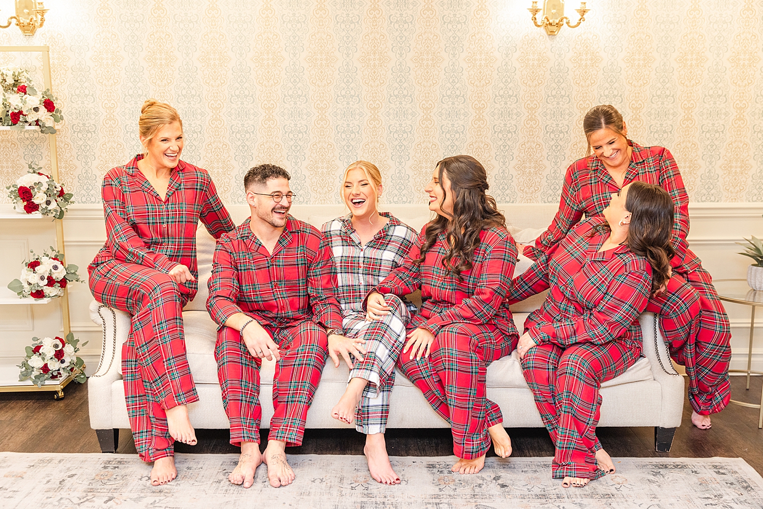 getting ready photos of bridal party in matching pjs