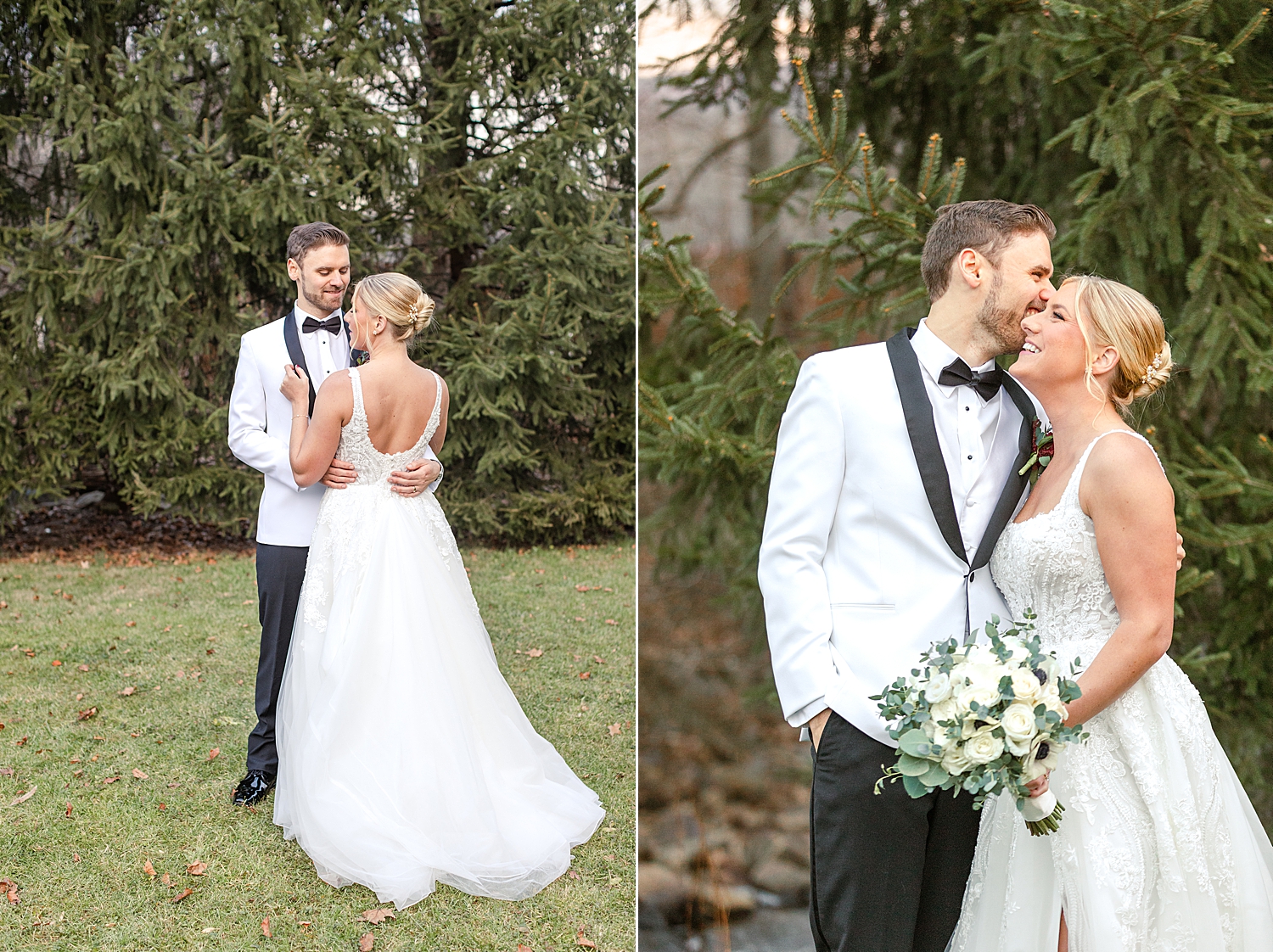 romantic wedding photos in front of pine trees