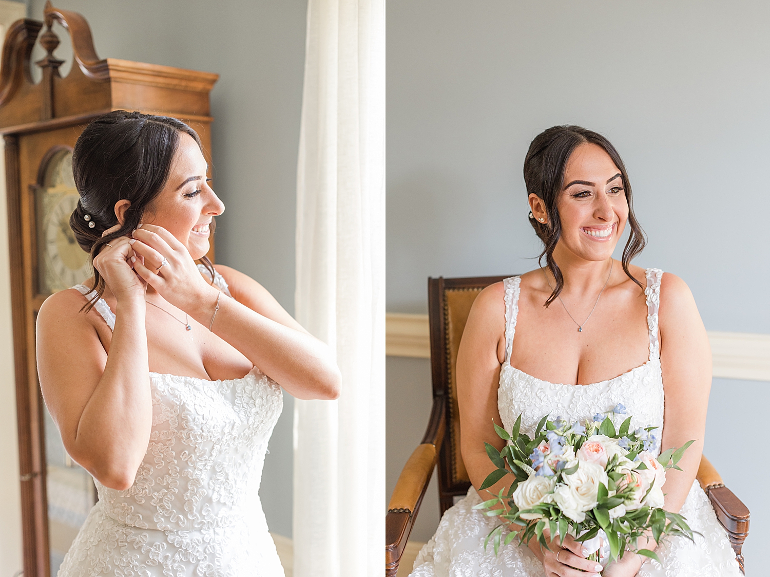 bride puts earrings in before wedding