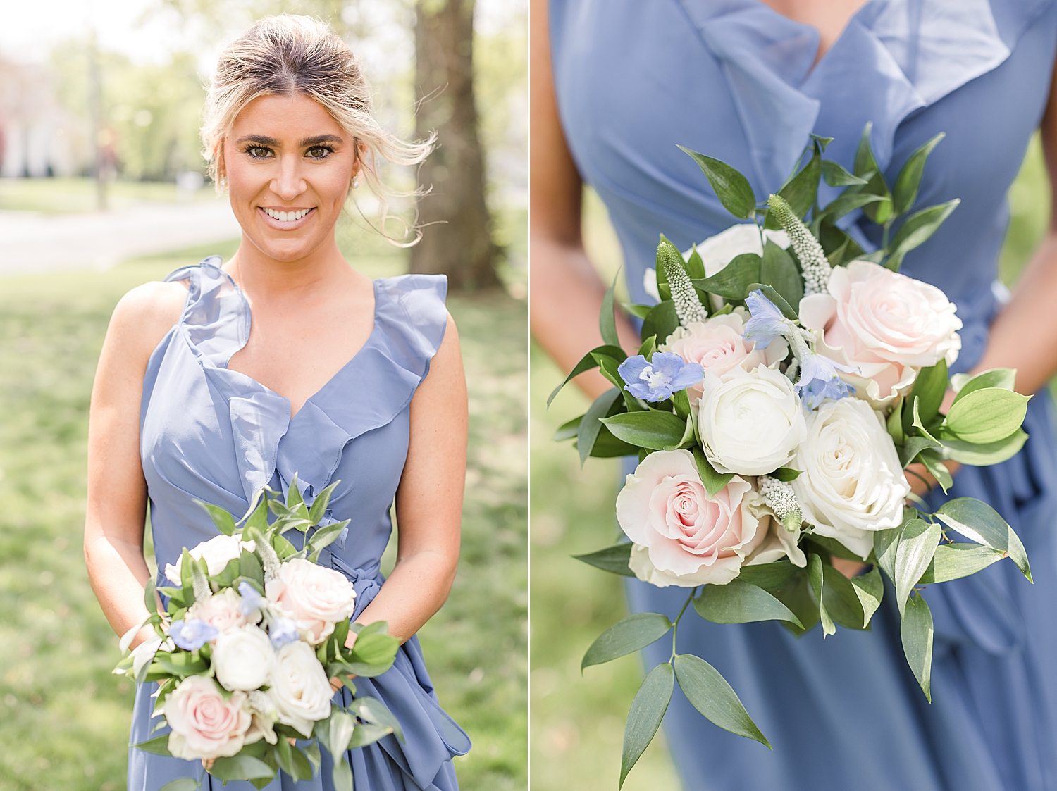 bridesmaid in blue dress holding elegant bouquet of white and pale pink flowers