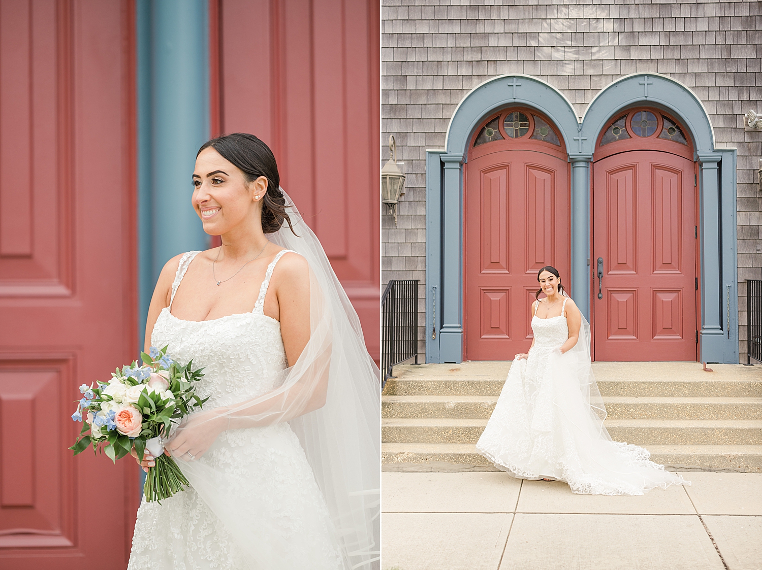 bride stands by dark red doors of church