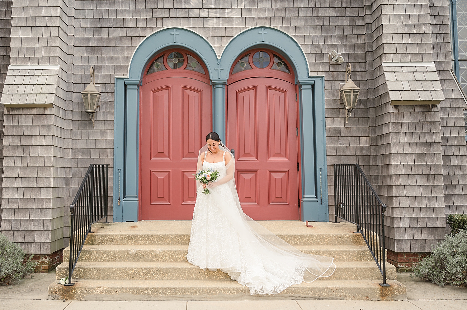 bride on church stairs from Romantic Spring Wedding in New Jersey