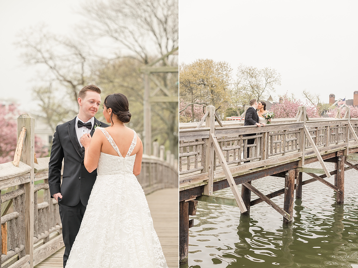 romantic newlywed photos on wooden bridge 