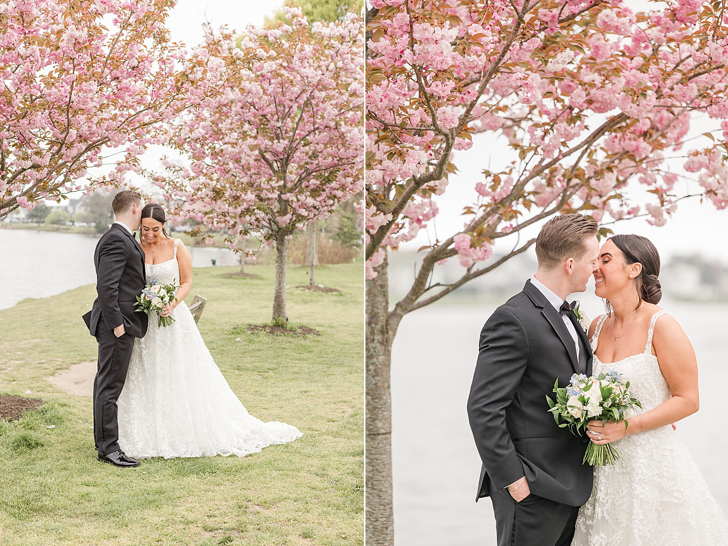 Newlyweds kiss under blooming tree in Spring Lake Devine Park from Romantic Spring Wedding in New Jersey